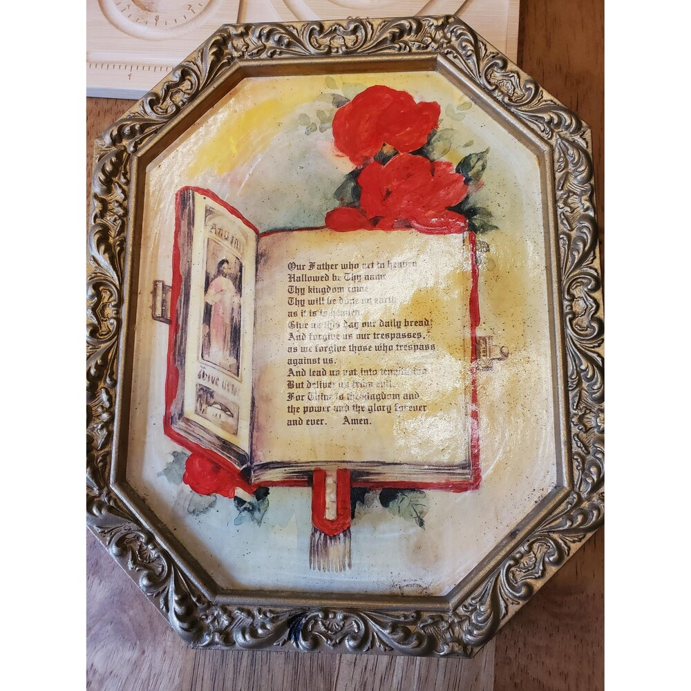 Vintage Lords Prayer Plaque | Ornate Gold Frame, Bible Roses Home Decor